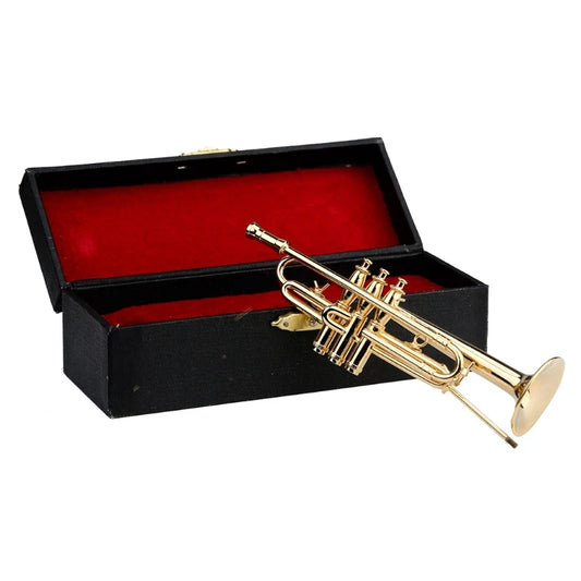 Mini trompeta, saxofón, modelo dorado de cobre, ornamento con soporte y caja, regalo Musical en miniatura para el hogar, novedad de 2024