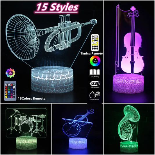 Lampara 3D 16 colores  inspirada en instrumentos musicales.