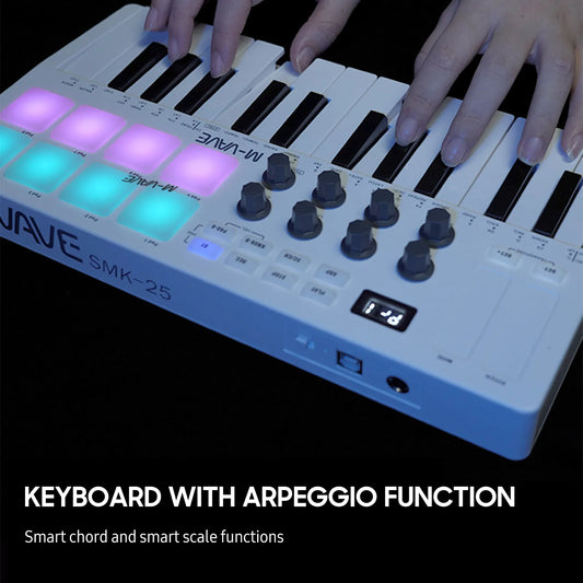M-VAVE controlador de teclado MIDI USB portátil de 25 teclas con 8 almohadillas de tambor retroiluminadas 8 perillas 8 piezas de instrumentos de teclado de música RGB