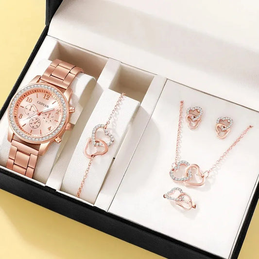 Conjunto de 6 uds de reloj de lujo de oro rosa para mujer, anillo, collar, pendiente, reloj de pulsera de moda con diamantes de imitación, relojes de pulsera informales para mujer