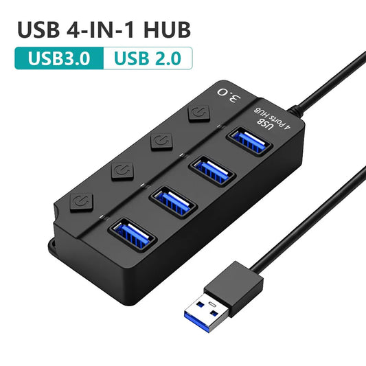 HUB USB 3.0 USB Splitter 2.0 Adaptador USB 4 en 1 Extensor de interruptor de alimentación independiente multipuerto Cable de 30 CM