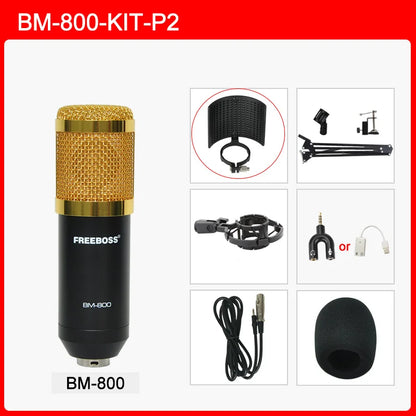 Freeboss-KIT de BM-800, soporte de brazo de montaje de choque de plástico, enchufe 3,5, micrófono condensador para estudio de grabación de voz, radiodifusión, ordenador y PC